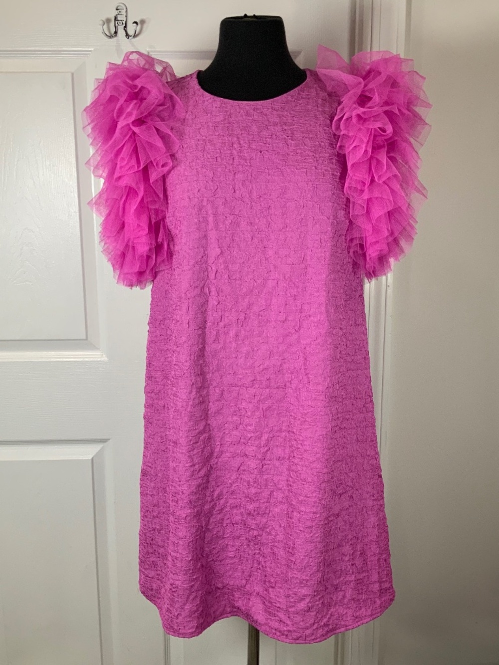 Hot Pink Tulle Ruffle Sleeve Party Mini Dress Medium Babydoll NWT Entro